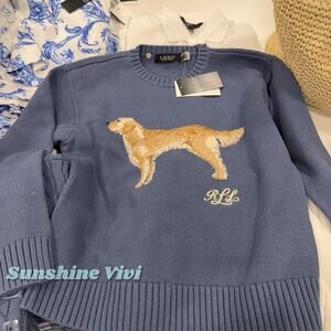NWT Polo Ralph Lauren Woman Cotton Cute Dog blue Sweater Medium